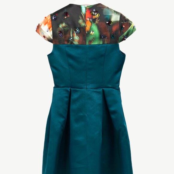 Erdem Teal Silk Satin Embellished-Yoke Pleated Dress - Picture 2 of 12